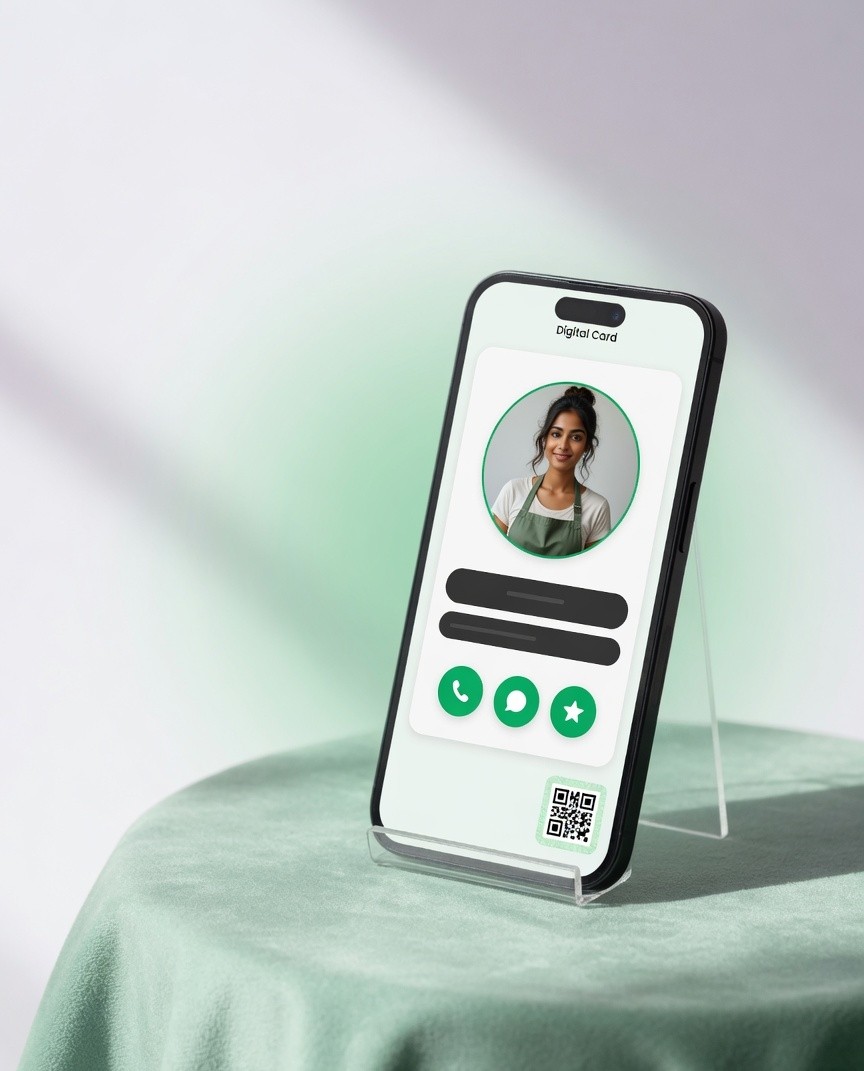 Digital visiting card on a phone with QR code, call, WhatsApp and reviews